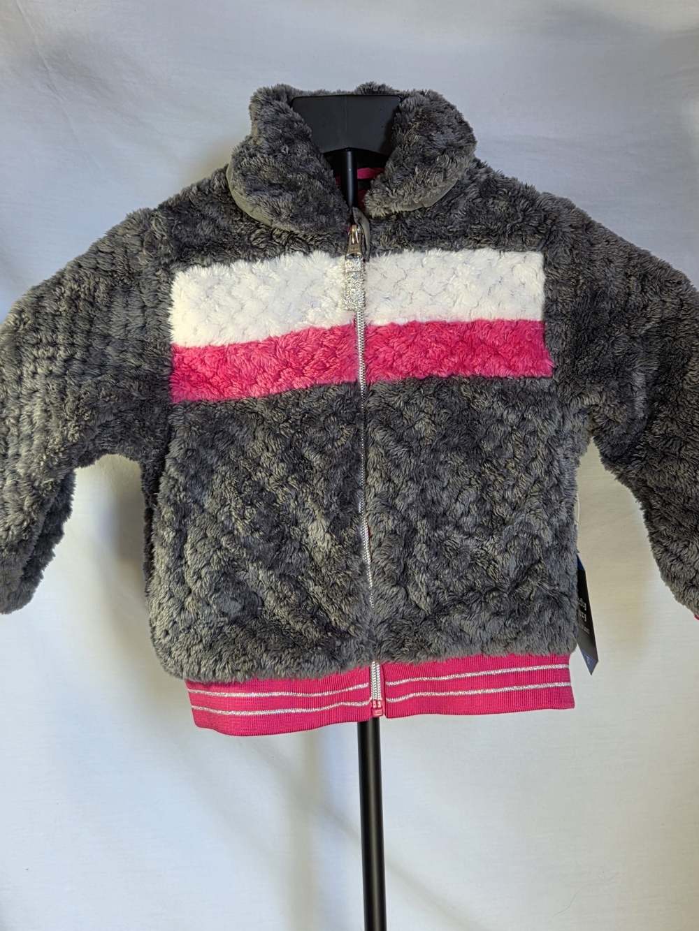 Cozy Kids Plush Zip-Up Jacket - Gray with Pink & White Stripes